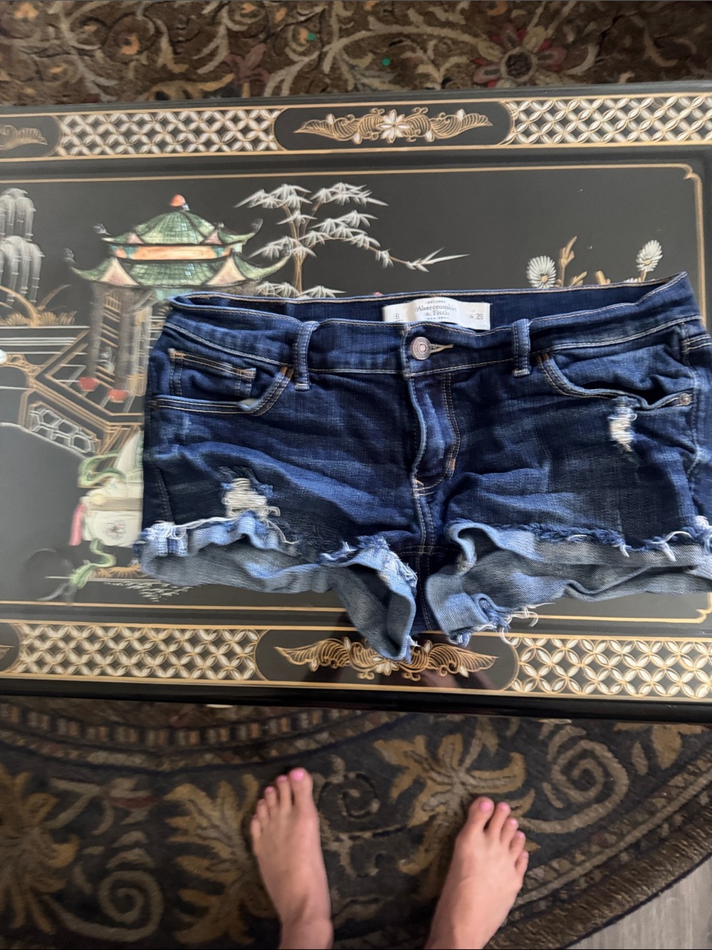 Abercrombie & Fitch Dark Blue Distressed Jean Shorts